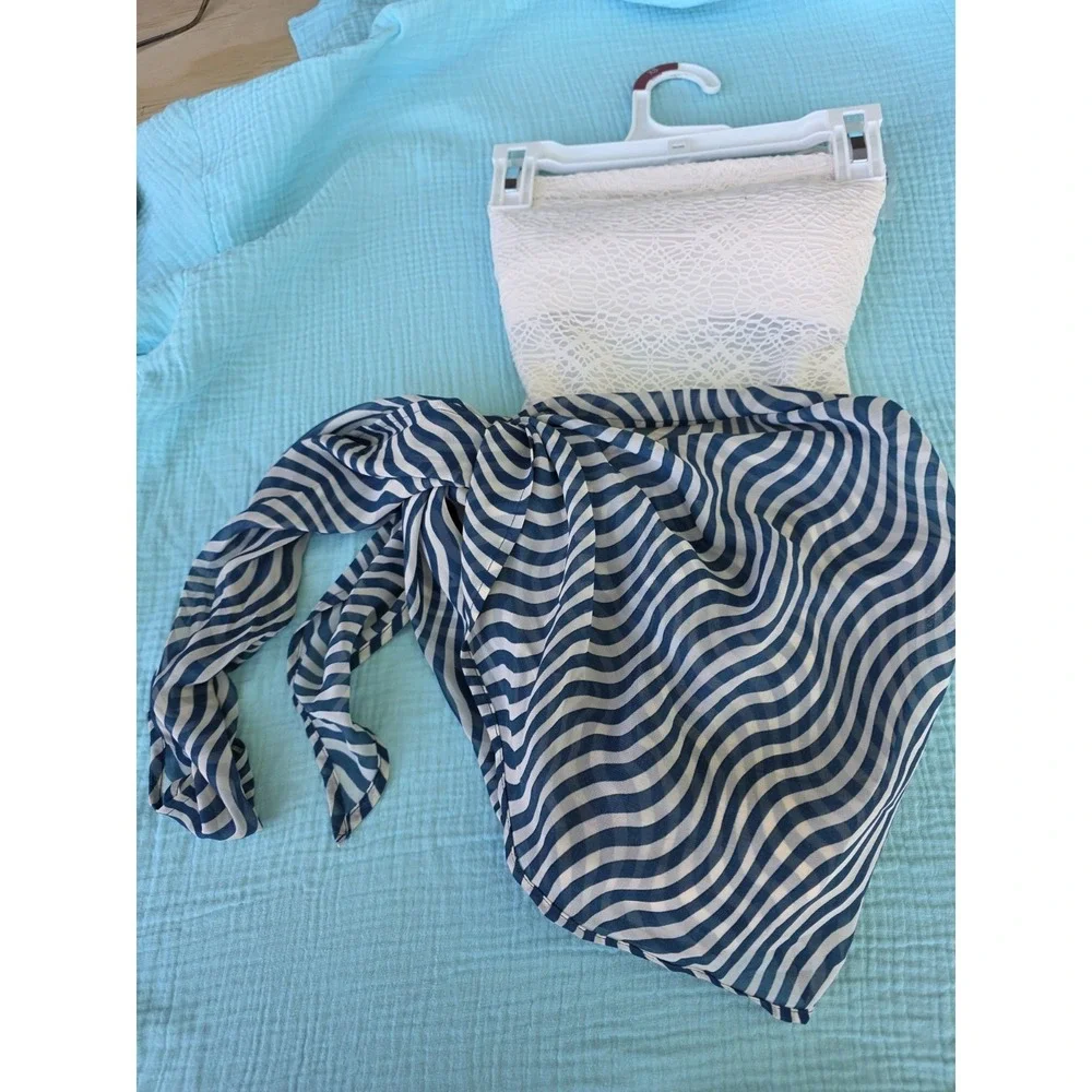 Women's L Wavy Stripe Cover Up Sarong Shade & Shore Teal Blue